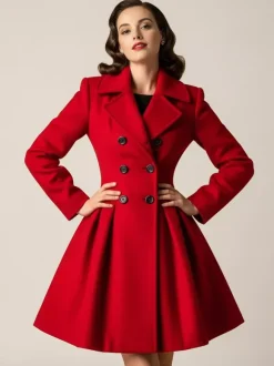 Retro Red 1950s Double-Breasted A-line Woolen Coat For Women 2026