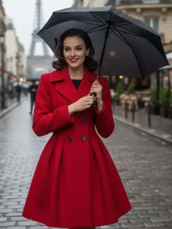 Retro Red 1950s Double-Breasted A-line Woolen Coat For Women 2026