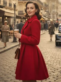Retro Red 1950s Double-Breasted A-line Woolen Coat For Women 2026