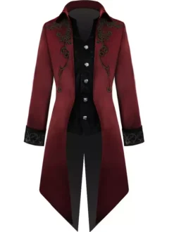Retro Costumes For Men 18 Century Black Vintage Long Sleeves Uniform Overcoat Cosplay Carnival Burgundy