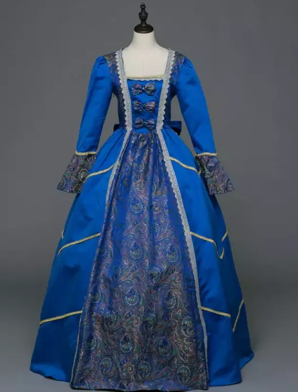 Retro Costume Victorian Retro Tudor Dress Baroque Ball Gowns Masquerade Blue Long Sleeve Vintage Costume