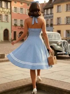 Retro Glamour Dress 1950s Aquatic Plaid Backless Buttons Sleeveless Sweetheart Neck Medium Rockabilly Dress