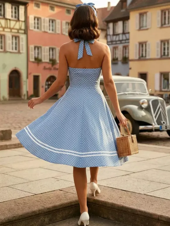 Retro Glamour Dress 1950s Aquatic Plaid Backless Buttons Sleeveless Sweetheart Neck Medium Rockabilly Dress