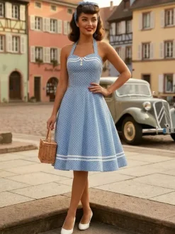 Retro Glamour Dress 1950s Aquatic Plaid Backless Buttons Sleeveless Sweetheart Neck Medium Rockabilly Dress