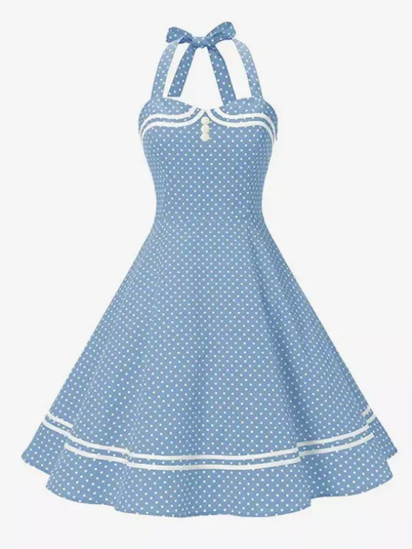 Retro Glamour Dress 1950s Aquatic Plaid Backless Buttons Sleeveless Sweetheart Neck Medium Rockabilly Dress