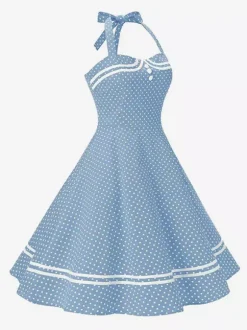 Retro Glamour Dress 1950s Aquatic Plaid Backless Buttons Sleeveless Sweetheart Neck Medium Rockabilly Dress