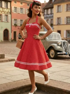Retro Glamour Dress 1950s Aquatic Plaid Backless Buttons Sleeveless Sweetheart Neck Medium Rockabilly Dress