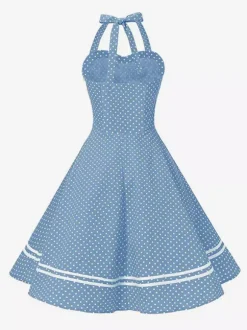 Retro Glamour Dress 1950s Aquatic Plaid Backless Buttons Sleeveless Sweetheart Neck Medium Rockabilly Dress