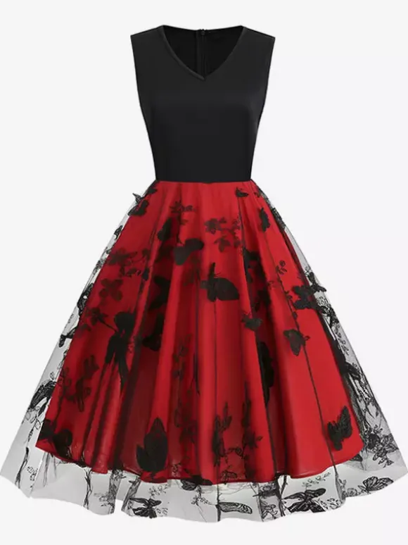 Retro Glamour Dress 1950s Black Two-Tone Layered Embroidered Sleeveless V-Neck Rockabilly Dress