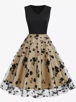 Retro Glamour Dress 1950s Black Two-Tone Layered Embroidered Sleeveless V-Neck Rockabilly Dress