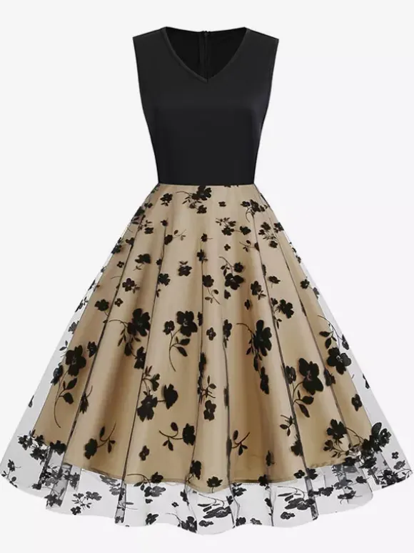 Retro Glamour Dress 1950s Black Two-Tone Layered Embroidered Sleeveless V-Neck Rockabilly Dress