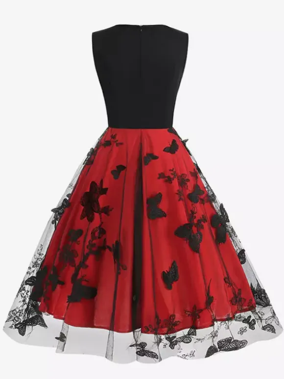Retro Glamour Dress 1950s Black Two-Tone Layered Embroidered Sleeveless V-Neck Rockabilly Dress