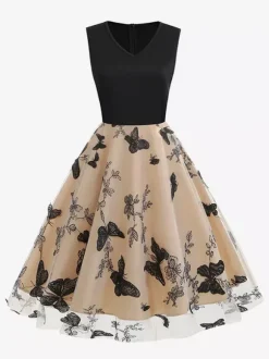 Retro Glamour Dress 1950s Black Two-Tone Layered Embroidered Sleeveless V-Neck Rockabilly Dress