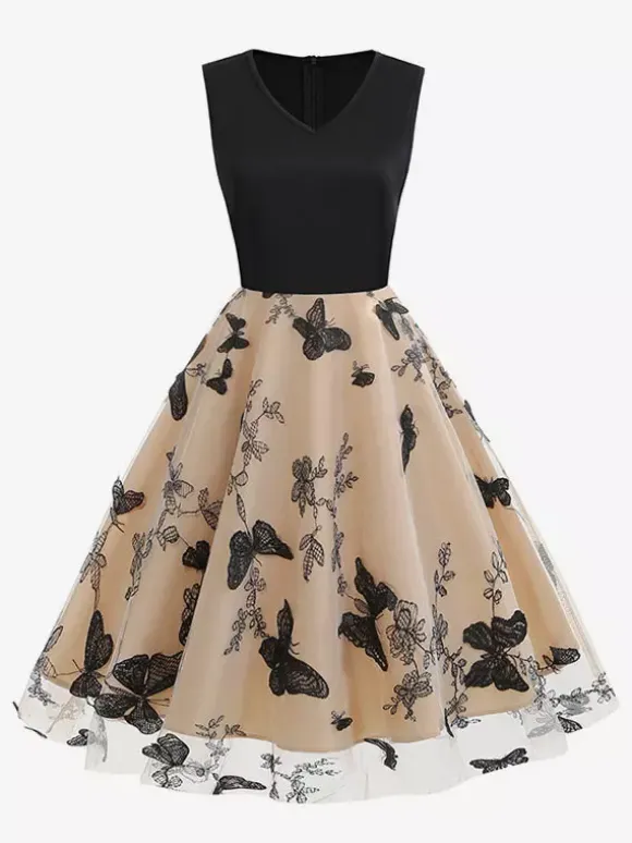 Retro Glamour Dress 1950s Black Two-Tone Layered Embroidered Sleeveless V-Neck Rockabilly Dress