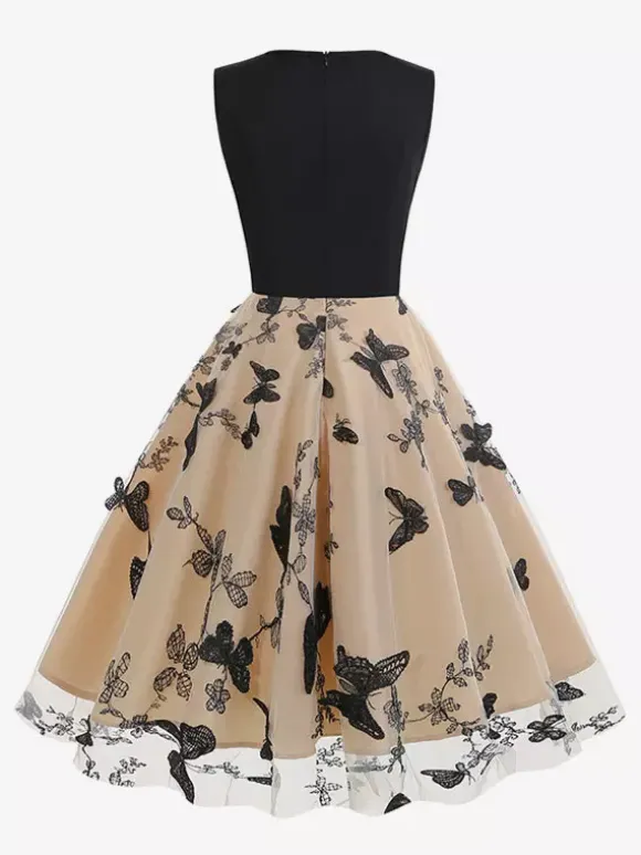 Retro Glamour Dress 1950s Black Two-Tone Layered Embroidered Sleeveless V-Neck Rockabilly Dress