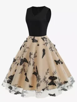 Retro Glamour Dress 1950s Black Two-Tone Layered Embroidered Sleeveless V-Neck Rockabilly Dress