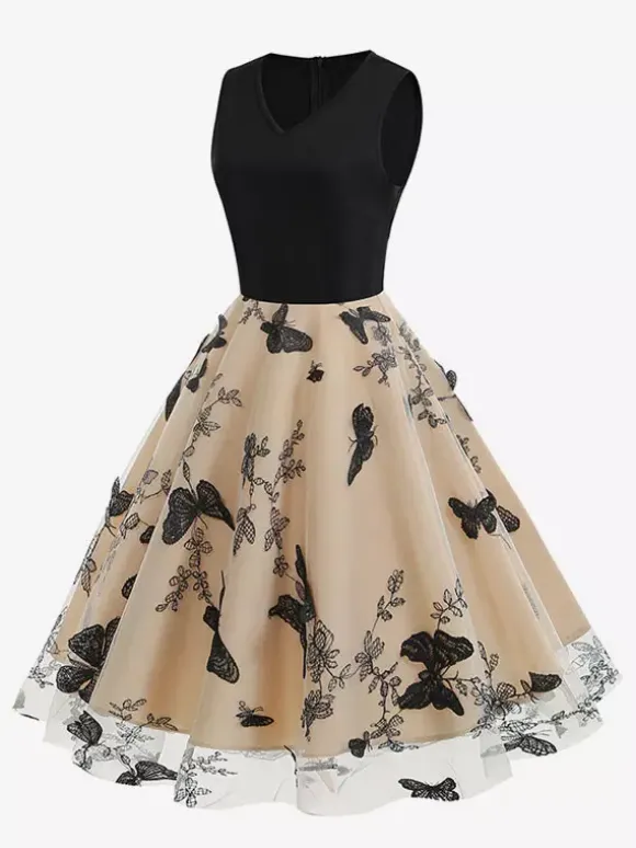 Retro Glamour Dress 1950s Black Two-Tone Layered Embroidered Sleeveless V-Neck Rockabilly Dress