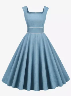 Retro Glamour Dress 1950s Style Baby Blue Piping Sleeveless Square Neck Medium Rockabilly Dress