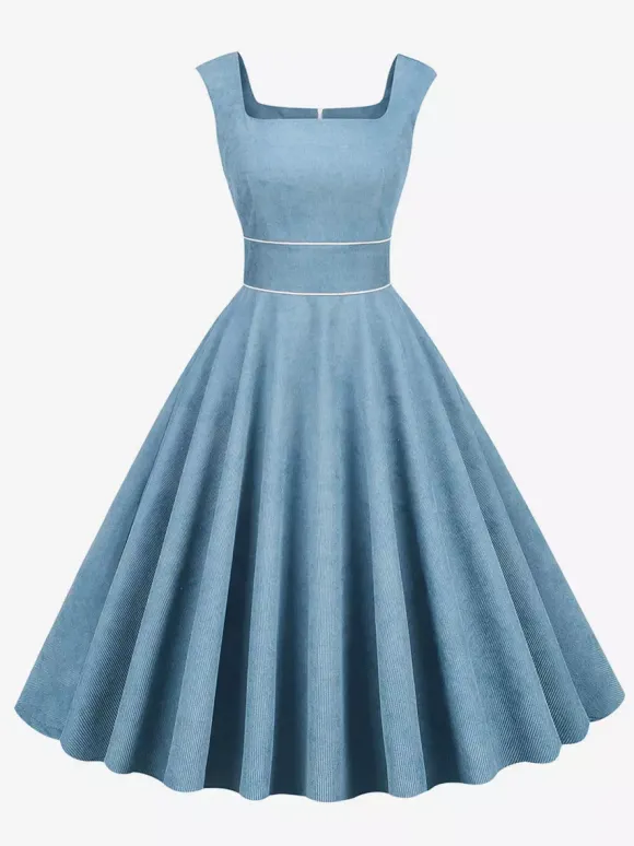 Retro Glamour Dress 1950s Style Baby Blue Piping Sleeveless Square Neck Medium Rockabilly Dress