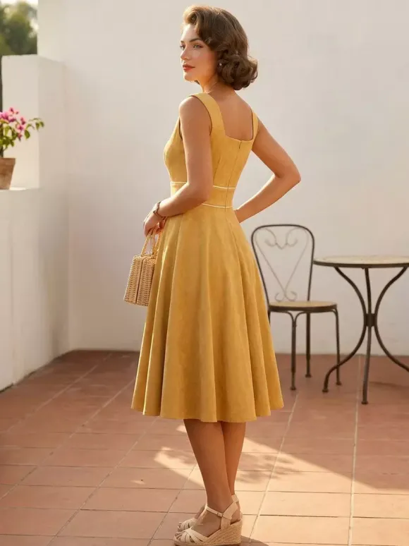 Retro Glamour Dress 1950s Style Baby Blue Piping Sleeveless Square Neck Medium Rockabilly Dress