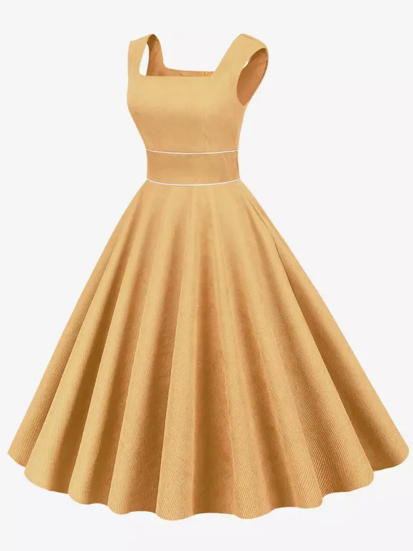Retro Glamour Dress 1950s Style Baby Blue Piping Sleeveless Square Neck Medium Rockabilly Dress