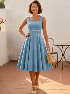 Retro Glamour Dress 1950s Style Baby Blue Piping Sleeveless Square Neck Medium Rockabilly Dress