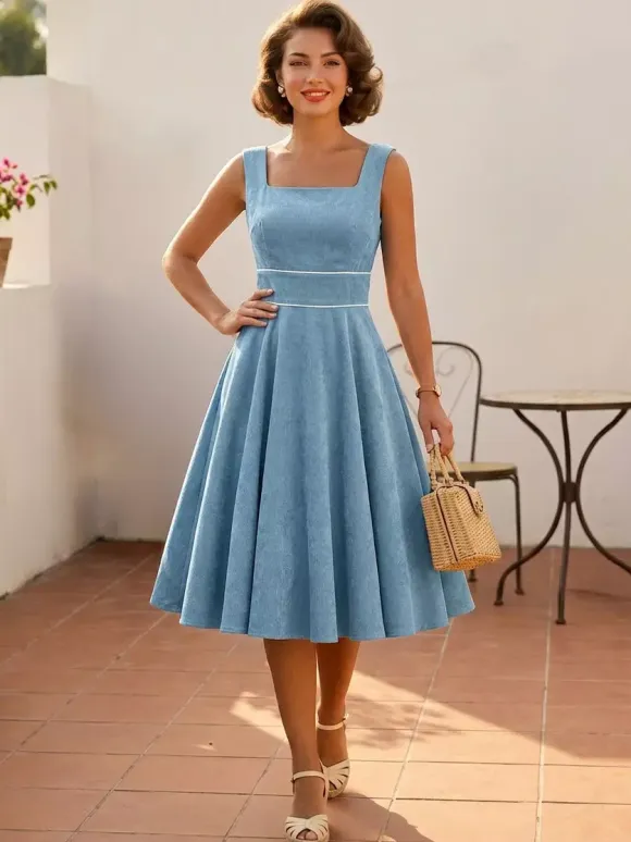 Retro Glamour Dress 1950s Style Baby Blue Piping Sleeveless Square Neck Medium Rockabilly Dress