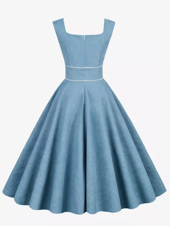 Retro Glamour Dress 1950s Style Baby Blue Piping Sleeveless Square Neck Medium Rockabilly Dress