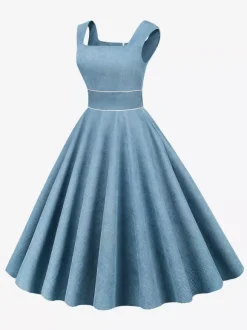 Retro Glamour Dress 1950s Style Baby Blue Piping Sleeveless Square Neck Medium Rockabilly Dress