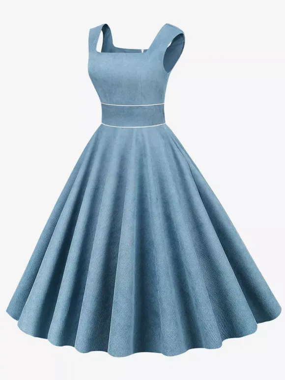 Retro Glamour Dress 1950s Style Baby Blue Piping Sleeveless Square Neck Medium Rockabilly Dress
