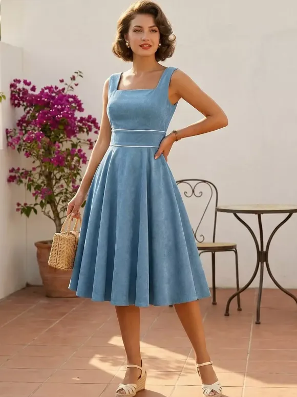 Retro Glamour Dress 1950s Style Baby Blue Piping Sleeveless Square Neck Medium Rockabilly Dress