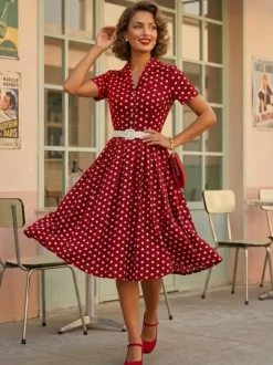 Retro Glamour Dress 1950s Style Turndown Collar Buttons Short Sleeves Polka Dot Swing Dress