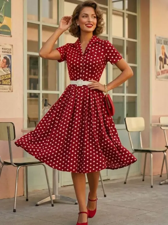 Retro Glamour Dress 1950s Style Turndown Collar Buttons Short Sleeves Polka Dot Swing Dress