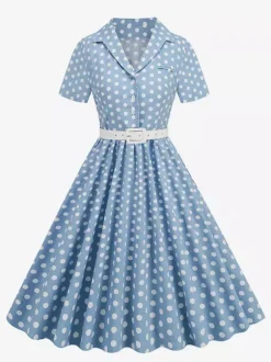 Retro Glamour Dress 1950s Style Turndown Collar Buttons Short Sleeves Polka Dot Swing Dress