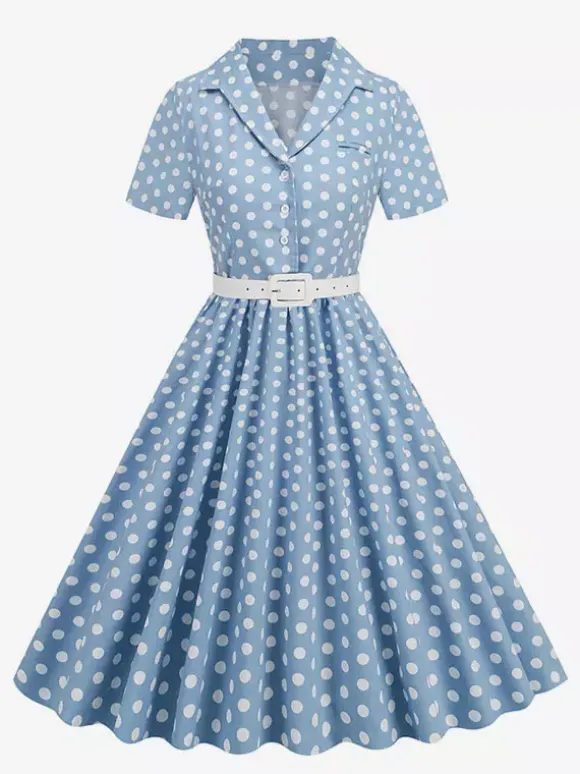 Retro Glamour Dress 1950s Style Turndown Collar Buttons Short Sleeves Polka Dot Swing Dress