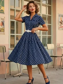 Retro Glamour Dress 1950s Style Turndown Collar Buttons Short Sleeves Polka Dot Swing Dress