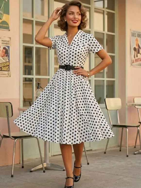 Retro Glamour Dress 1950s Style Turndown Collar Buttons Short Sleeves Polka Dot Swing Dress