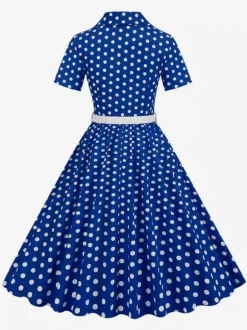 Retro Glamour Dress 1950s Style Turndown Collar Buttons Short Sleeves Polka Dot Swing Dress