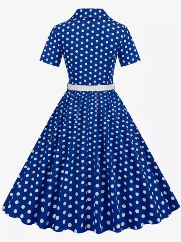 Retro Glamour Dress 1950s Style Turndown Collar Buttons Short Sleeves Polka Dot Swing Dress