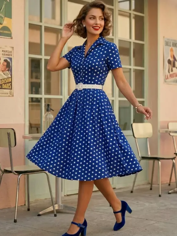 Retro Glamour Dress 1950s Style Turndown Collar Buttons Short Sleeves Polka Dot Swing Dress