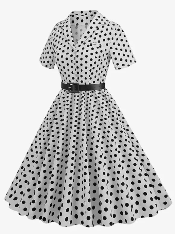 Retro Glamour Dress 1950s Style Turndown Collar Buttons Short Sleeves Polka Dot Swing Dress