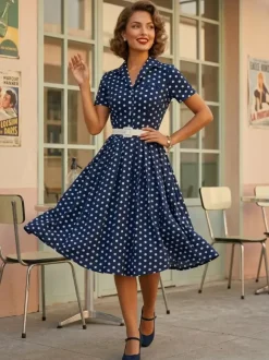 Retro Glamour Dress 1950s Style Turndown Collar Buttons Short Sleeves Polka Dot Swing Dress