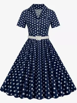 Retro Glamour Dress 1950s Style Turndown Collar Buttons Short Sleeves Polka Dot Swing Dress