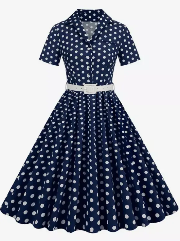 Retro Glamour Dress 1950s Style Turndown Collar Buttons Short Sleeves Polka Dot Swing Dress