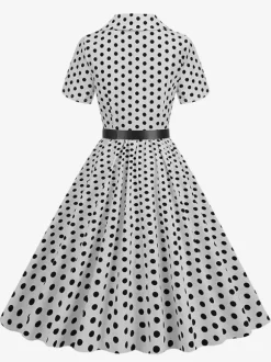 Retro Glamour Dress 1950s Style Turndown Collar Buttons Short Sleeves Polka Dot Swing Dress
