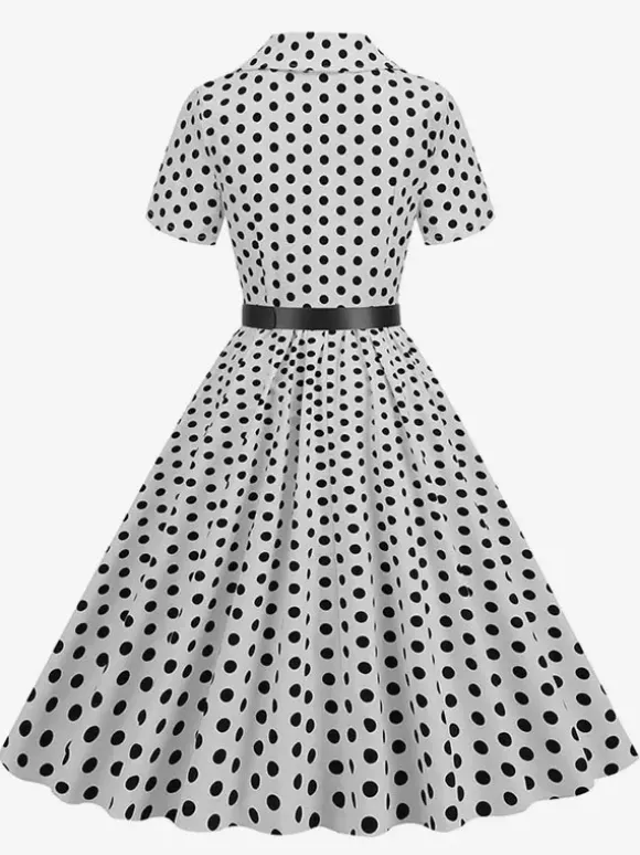 Retro Glamour Dress 1950s Style Turndown Collar Buttons Short Sleeves Polka Dot Swing Dress