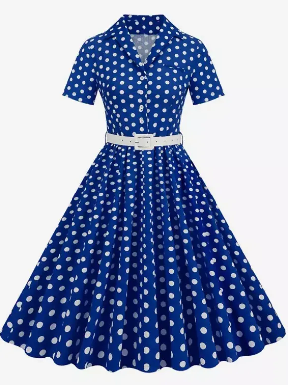 Retro Glamour Dress 1950s Style Turndown Collar Buttons Short Sleeves Polka Dot Swing Dress