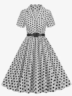 Retro Glamour Dress 1950s Style Turndown Collar Buttons Short Sleeves Polka Dot Swing Dress