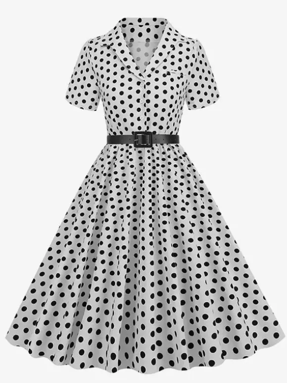 Retro Glamour Dress 1950s Style Turndown Collar Buttons Short Sleeves Polka Dot Swing Dress