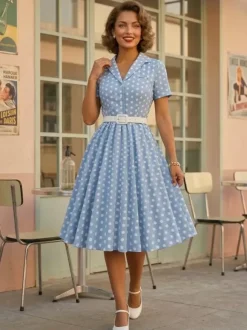 Retro Glamour Dress 1950s Style Turndown Collar Buttons Short Sleeves Polka Dot Swing Dress